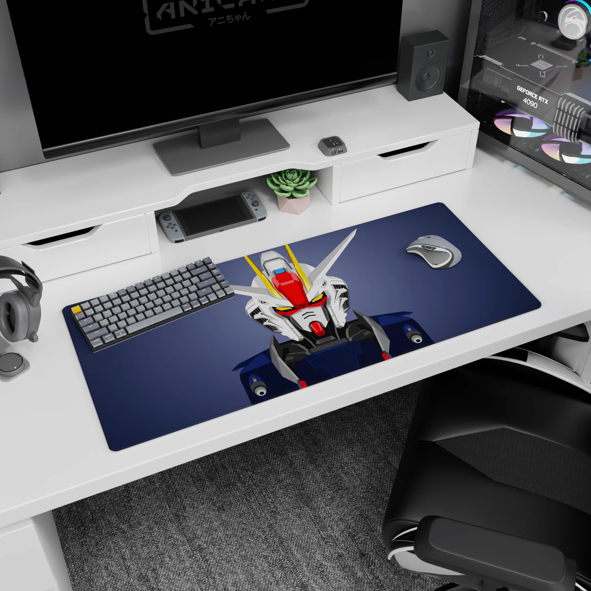 Gundam RX-78 head guarding your desk on a 36x16 inches anime mouse pad, bold close-up view.