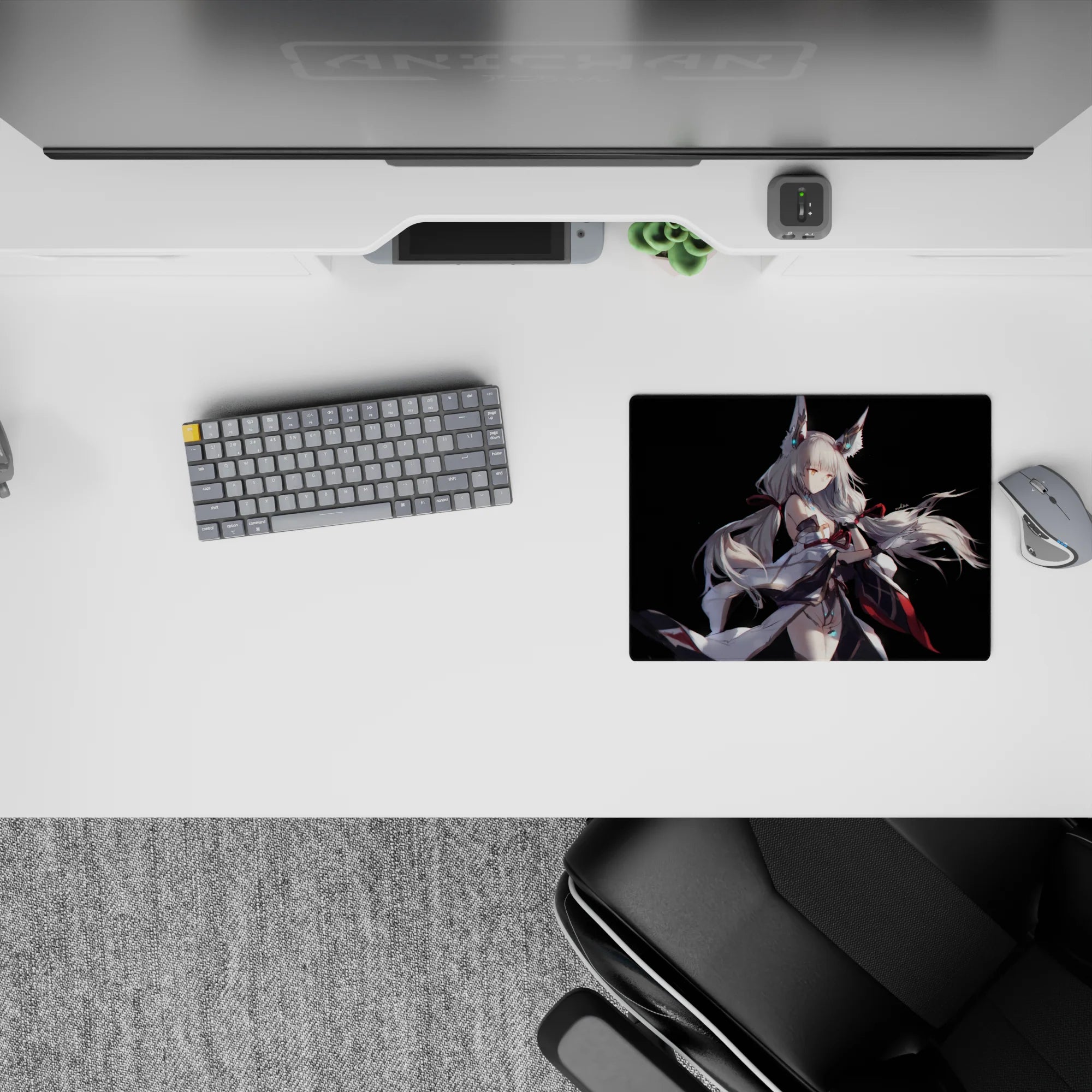 Night-sky fantasy anime mouse pad 14x10 inches in deep black with cyan glows and striking red ribbons.