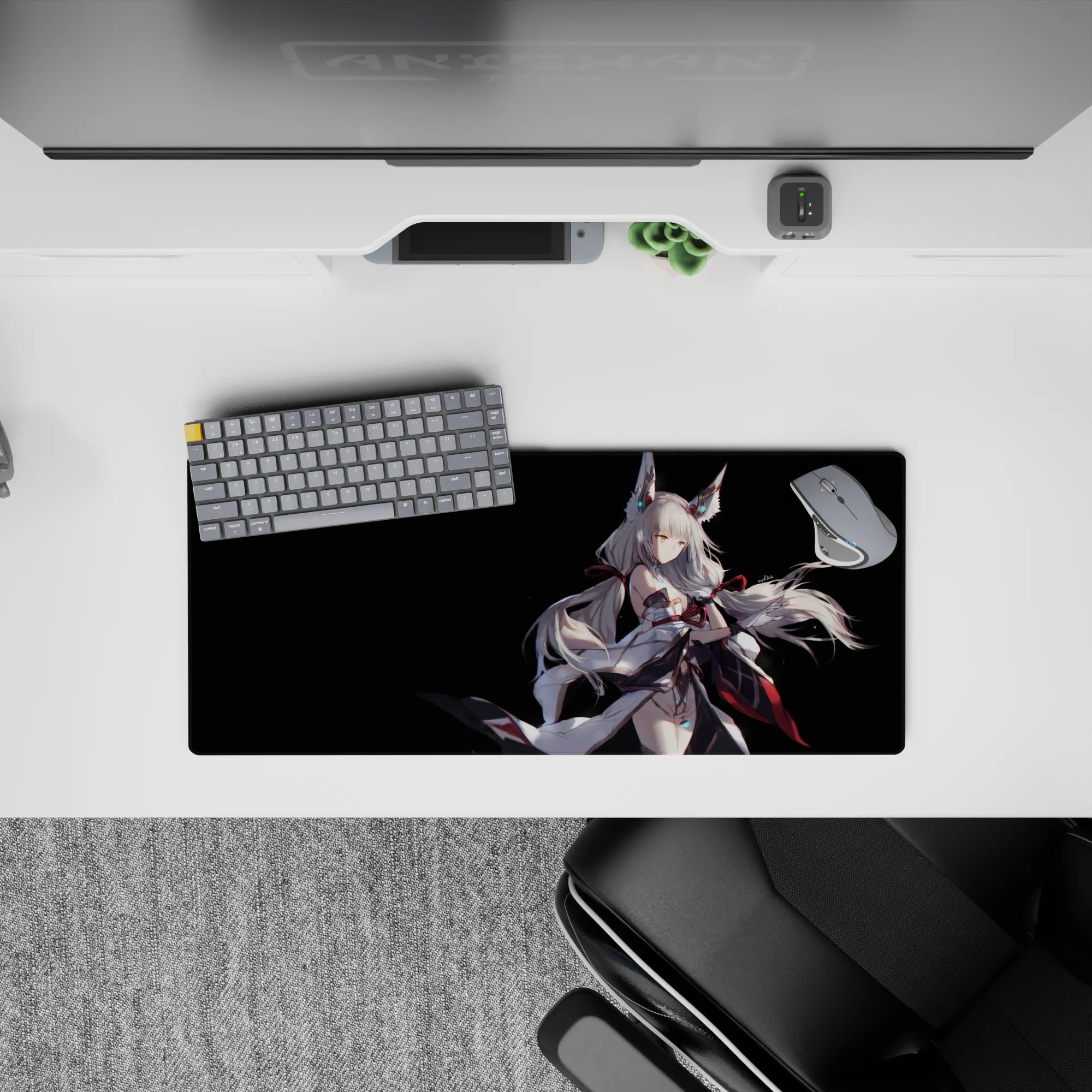 Night-sky fantasy anime mouse pad 28x12 inches in black with cyan glow accents and red ribbons.