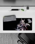 Night-sky fantasy anime mouse pad 28x12 inches in black with cyan glow accents and red ribbons.