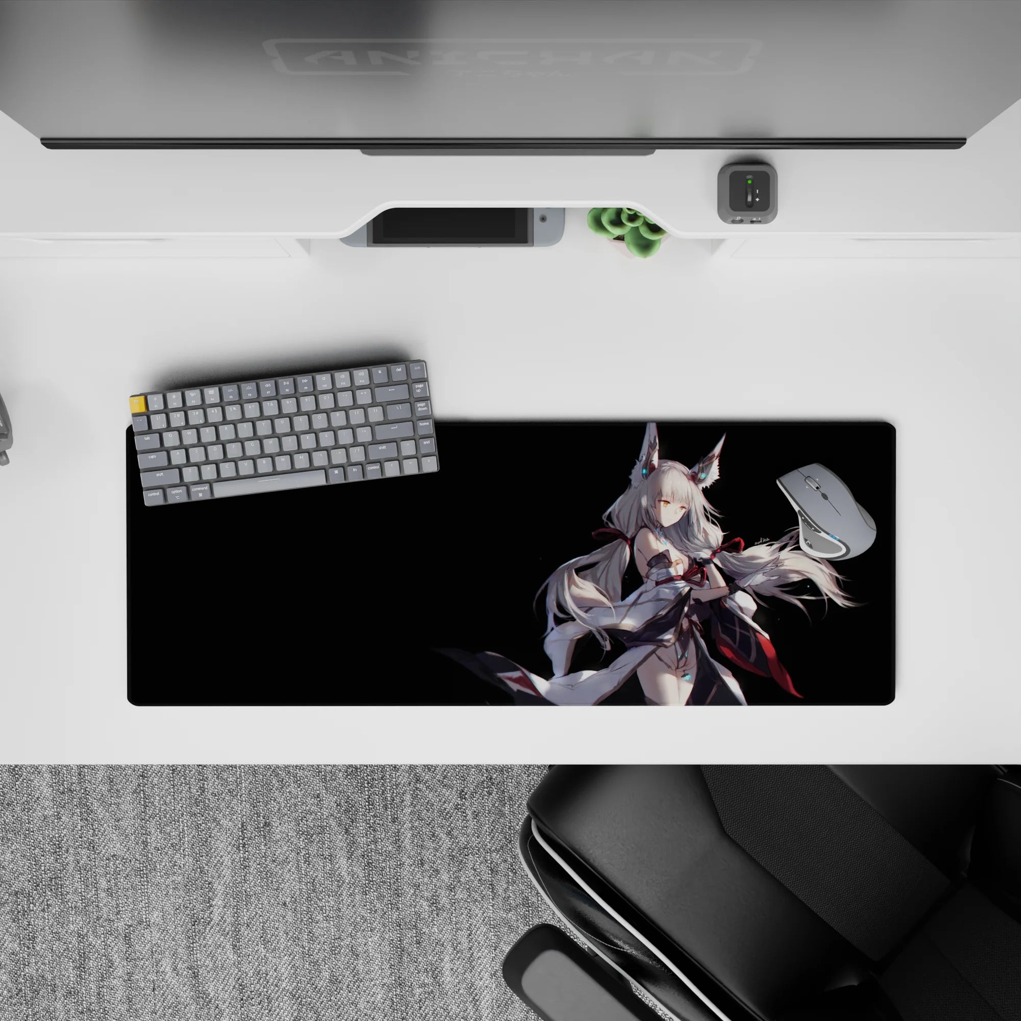 32x12 inches desk mouse pad in night-sky fantasy tones, black backdrop with cyan glow and red ribbons.