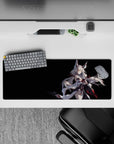 32x12 inches desk mouse pad in night-sky fantasy tones, black backdrop with cyan glow and red ribbons.