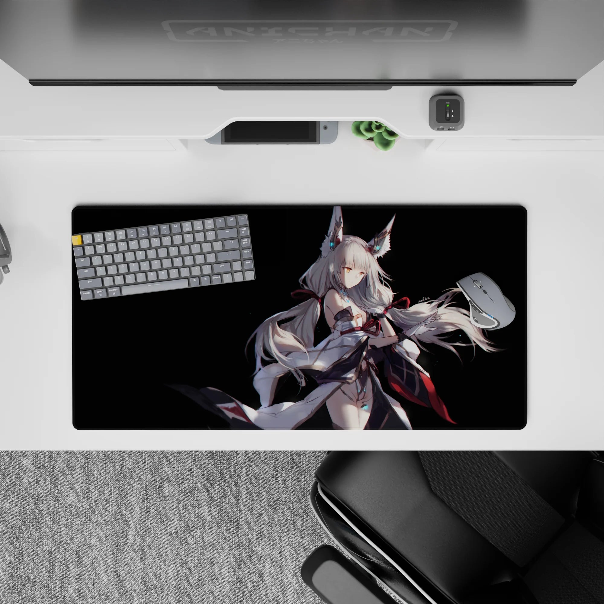 32x16 inches desk mouse pad with night-sky fantasy mood, cyan glow accents and bold red ribbons.