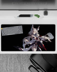 32x16 inches desk mouse pad with night-sky fantasy mood, cyan glow accents and bold red ribbons.