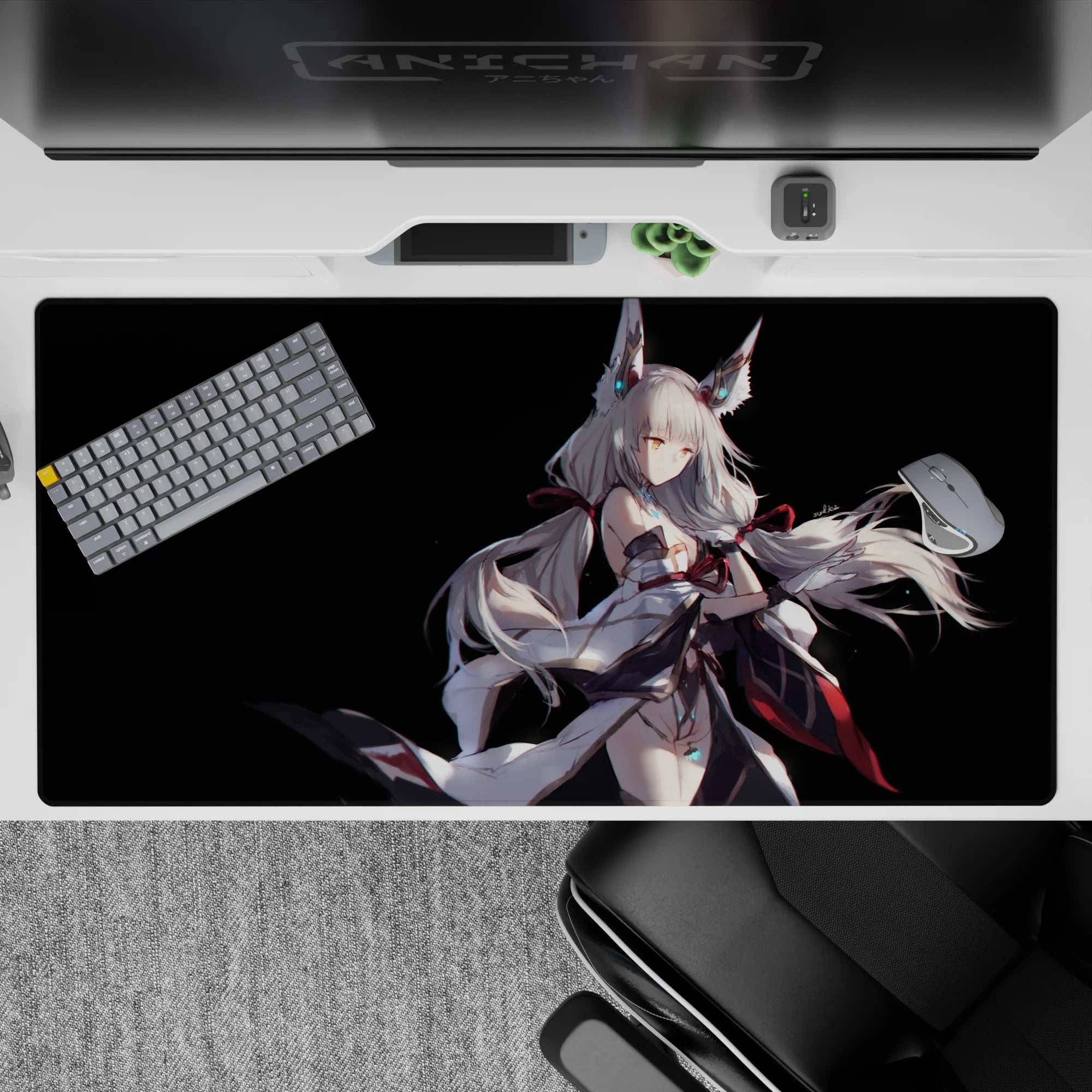 Night-sky fantasy anime desk pad 40x20 inches in deep black with cyan glows and red ribbon accents.