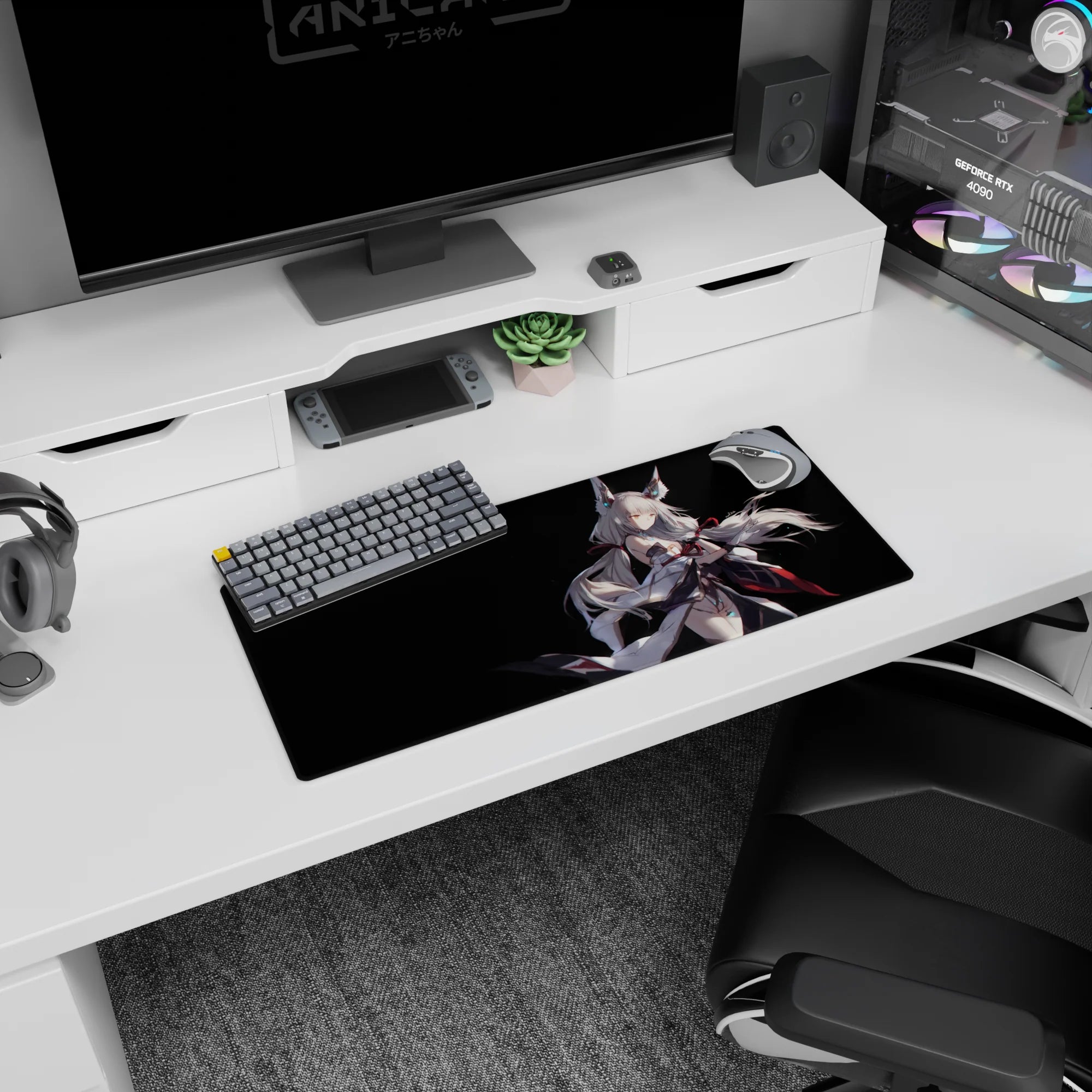 Silver-haired fox-eared anime heroine desk mat 28x12 inches, wind-swept hair over dark backdrop.