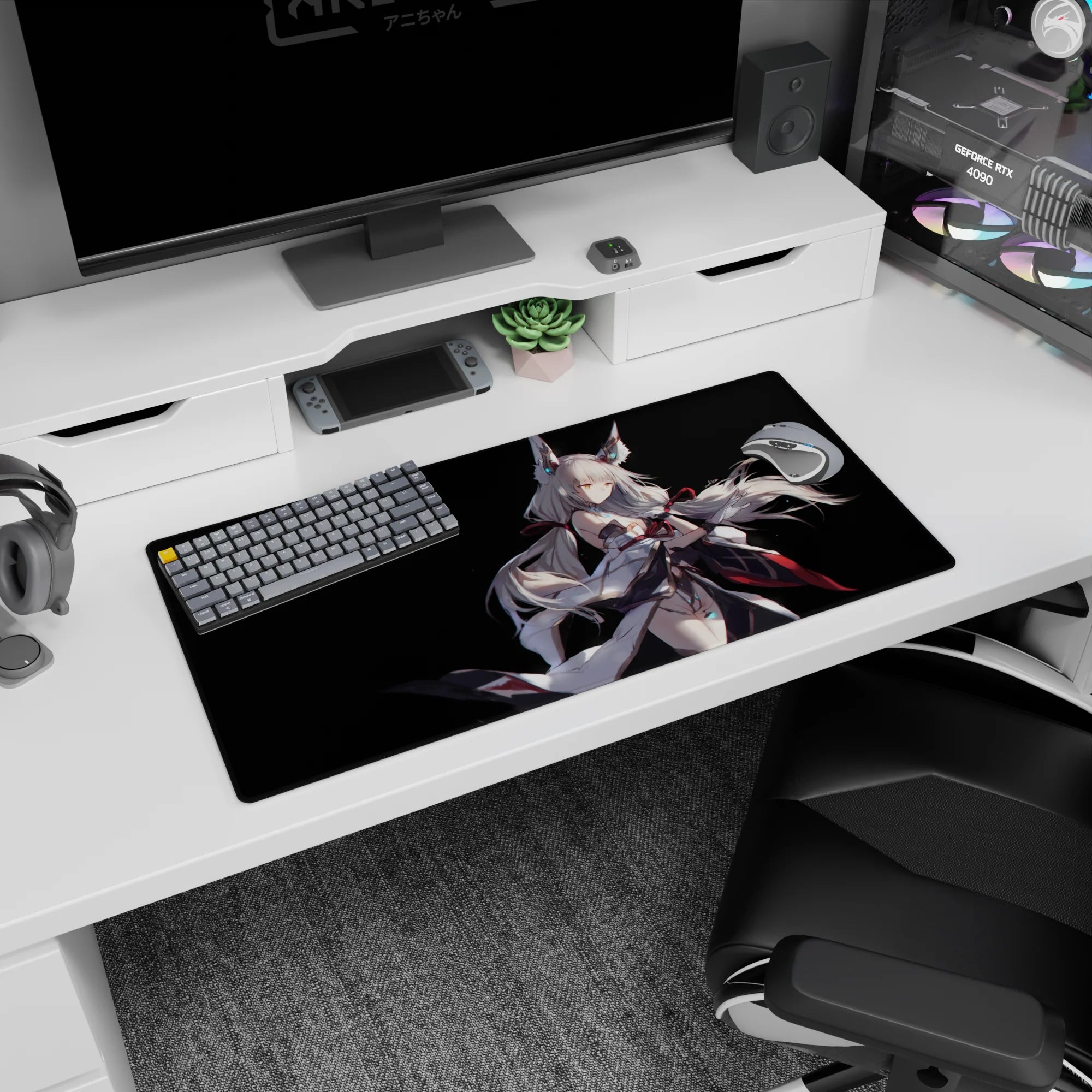 32x16 inches anime mouse pad featuring a mysterious fox-eared girl, wind-swept hair on black.