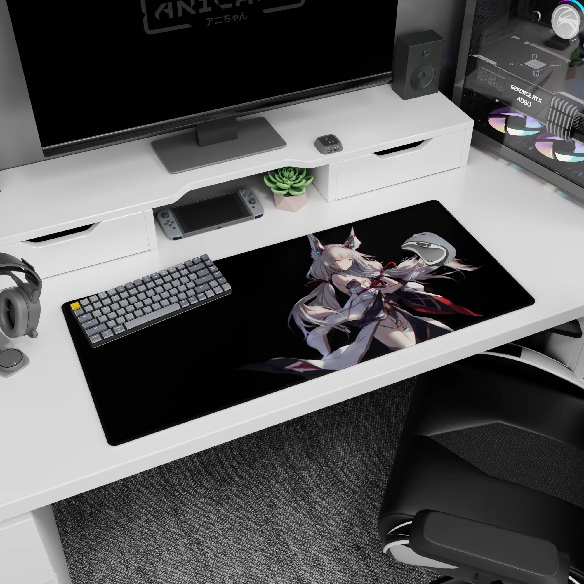 Silver-haired fox-eared anime girl sweeping hair scene desk pad 36x16 inches for gaming and work.