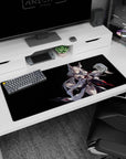 Silver-haired fox-eared anime girl sweeping hair scene desk pad 36x16 inches for gaming and work.