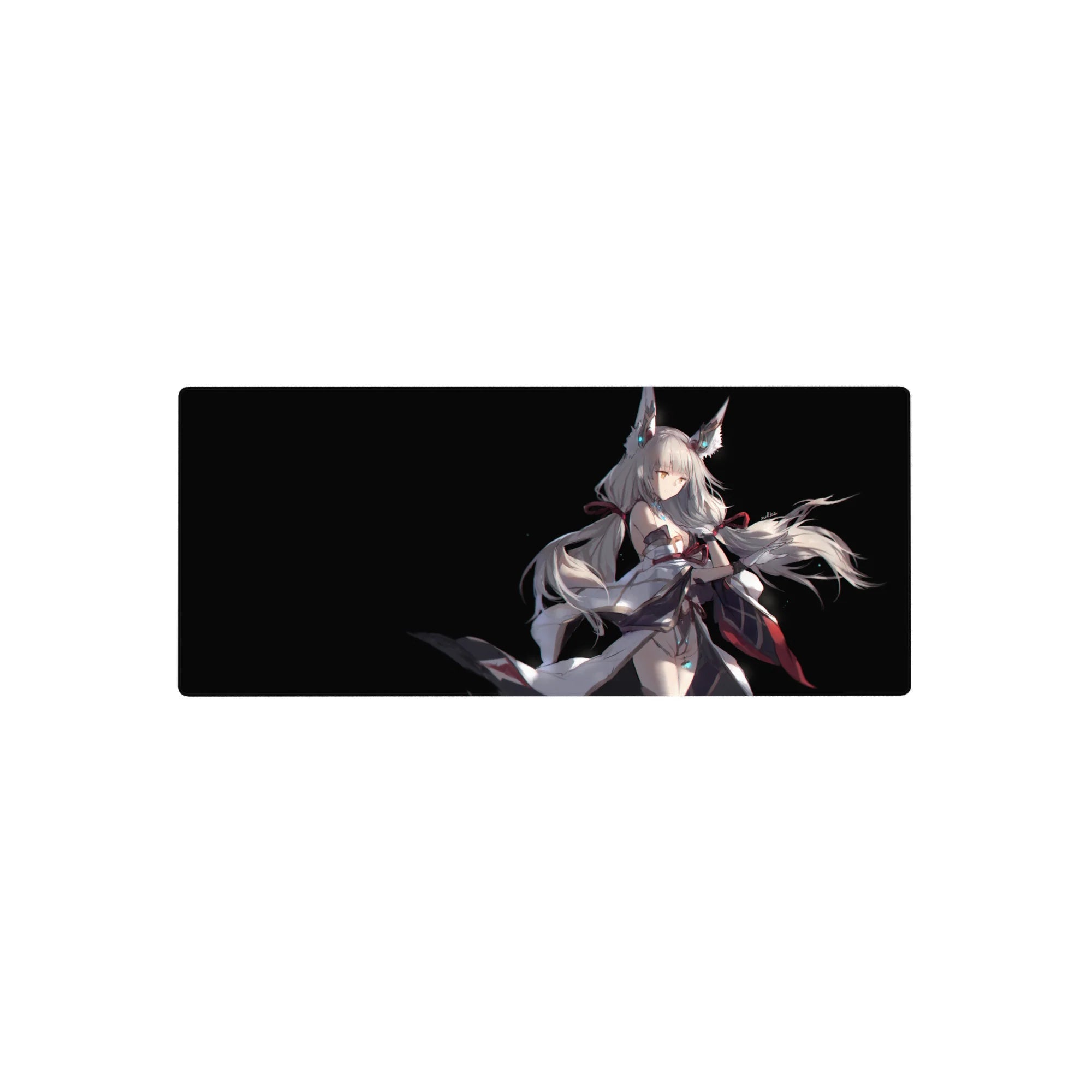 Anime girl mouse pad 28x12 inches with silver-haired fox-eared heroine in flowing white robes.