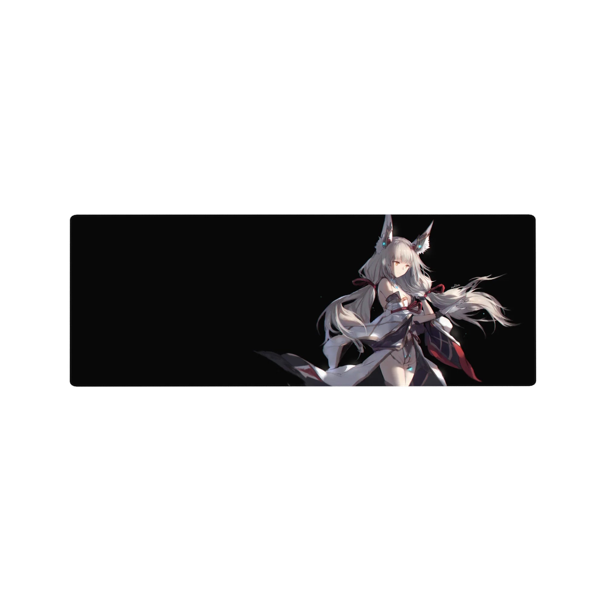 32x12 inches anime girl mouse pad with silver-haired fox-eared heroine in flowing white robes.