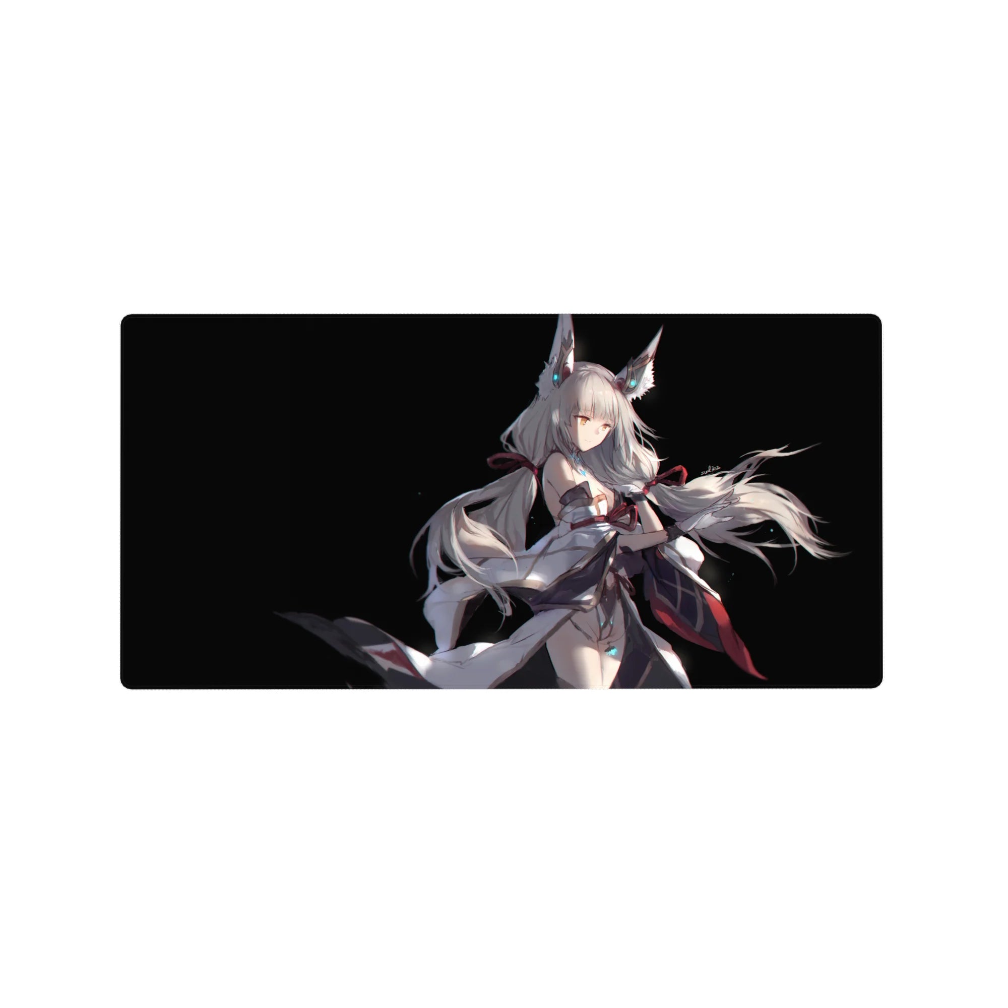 32x16 inches anime girl mouse pad with silver-haired fox-eared heroine in flowing white robes.