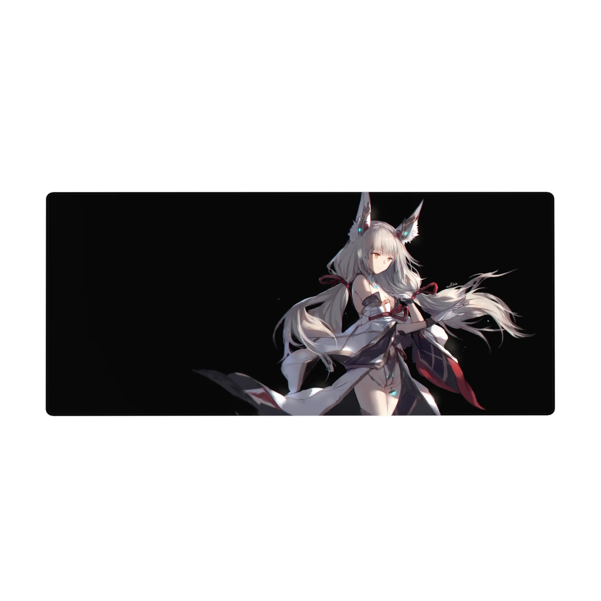 Anime girl desk pad 36x16 inches with silver-haired fox-eared heroine and flowing white robes on black.