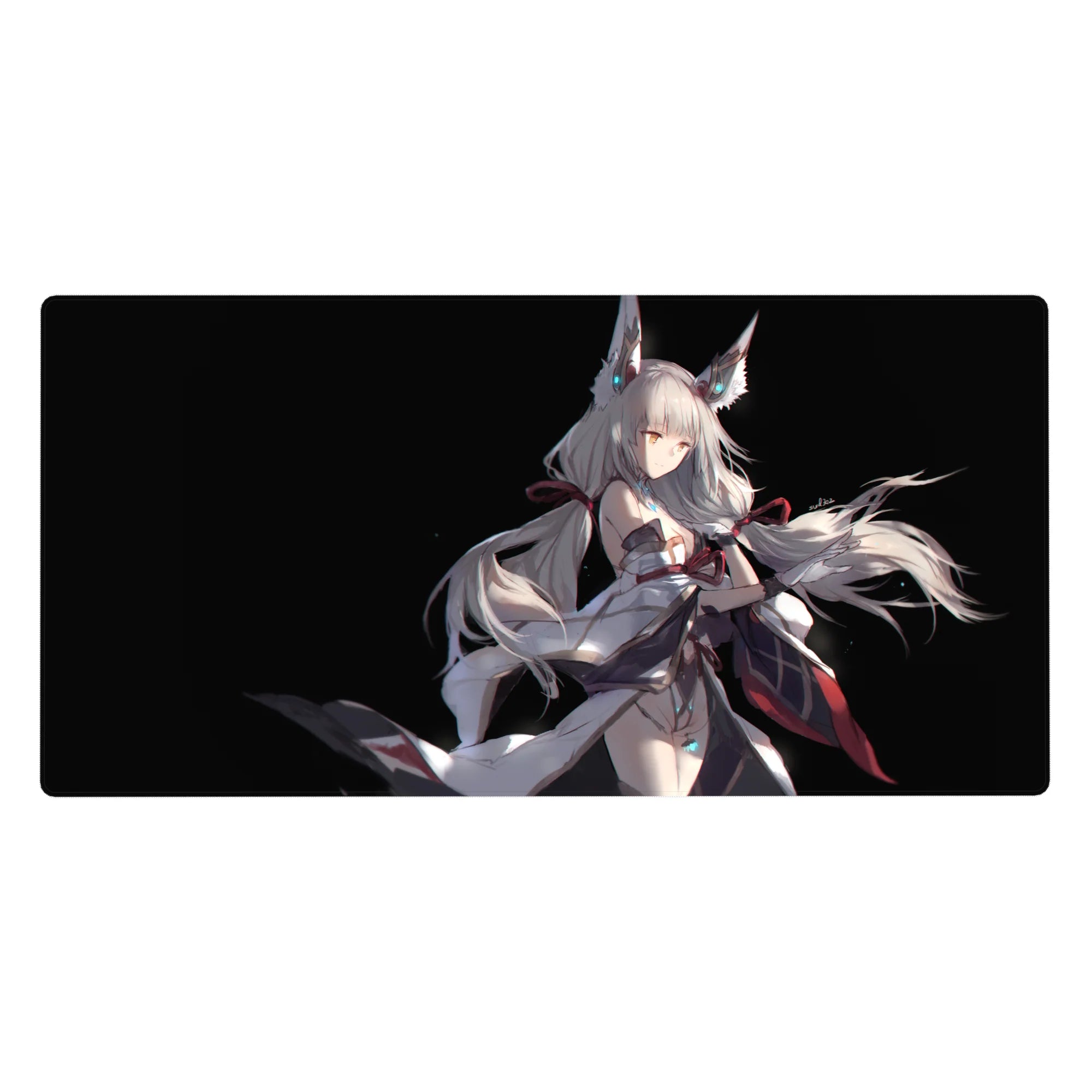 Anime girl desk pad 40x20 inches with silver-haired fox-eared heroine and flowing robes on black.