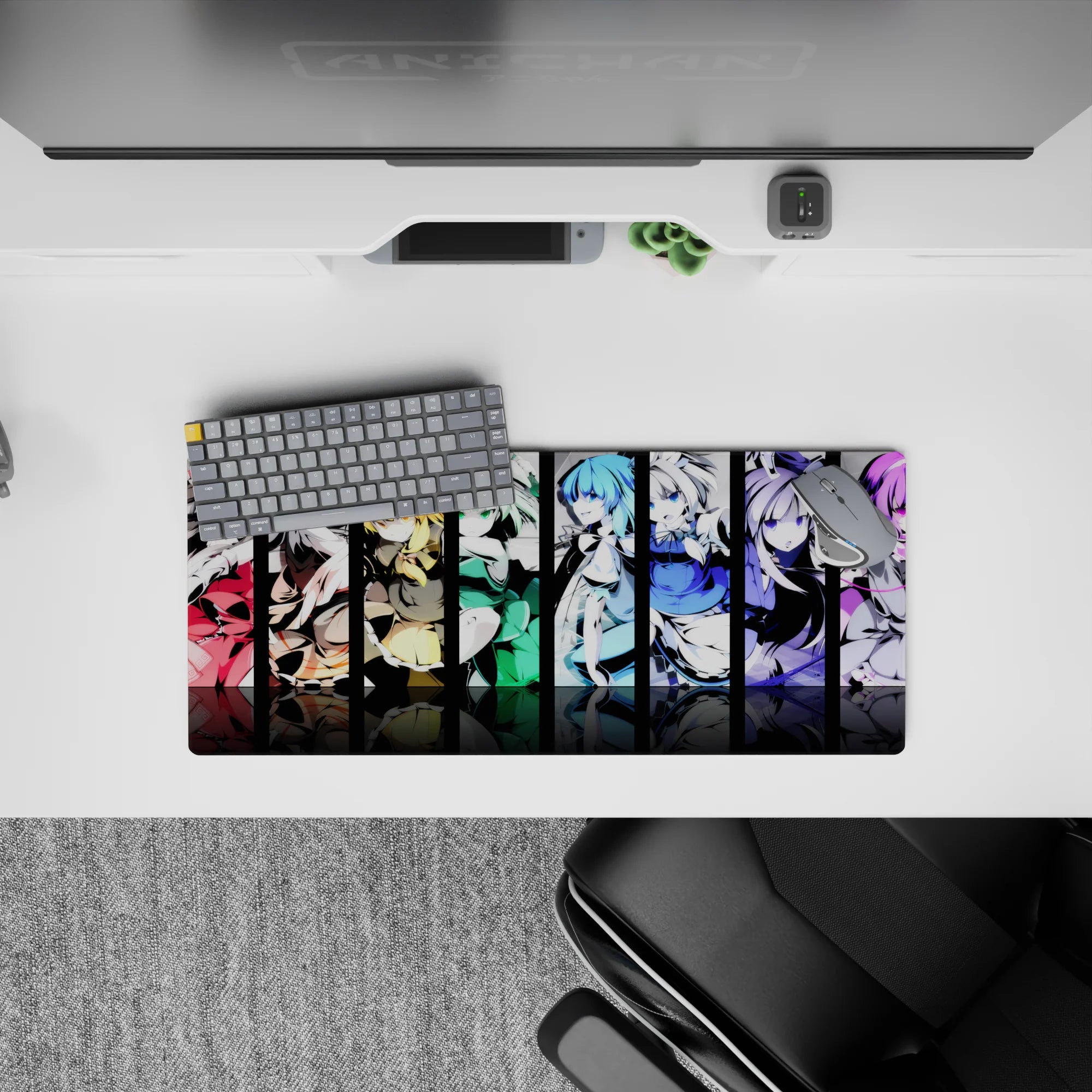 28x12 inches anime girl mouse pad in red, gold, mint, ocean blue, and violet with mischievous vibe.