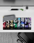 28x12 inches anime girl mouse pad in red, gold, mint, ocean blue, and violet with mischievous vibe.