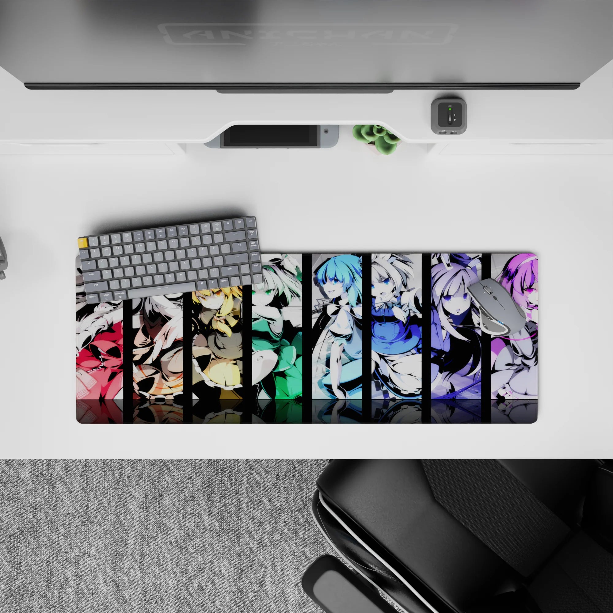 32x12 inches anime girl mouse pad in red, gold, mint, ocean blue, and violet; high-contrast, mischievous vibe.