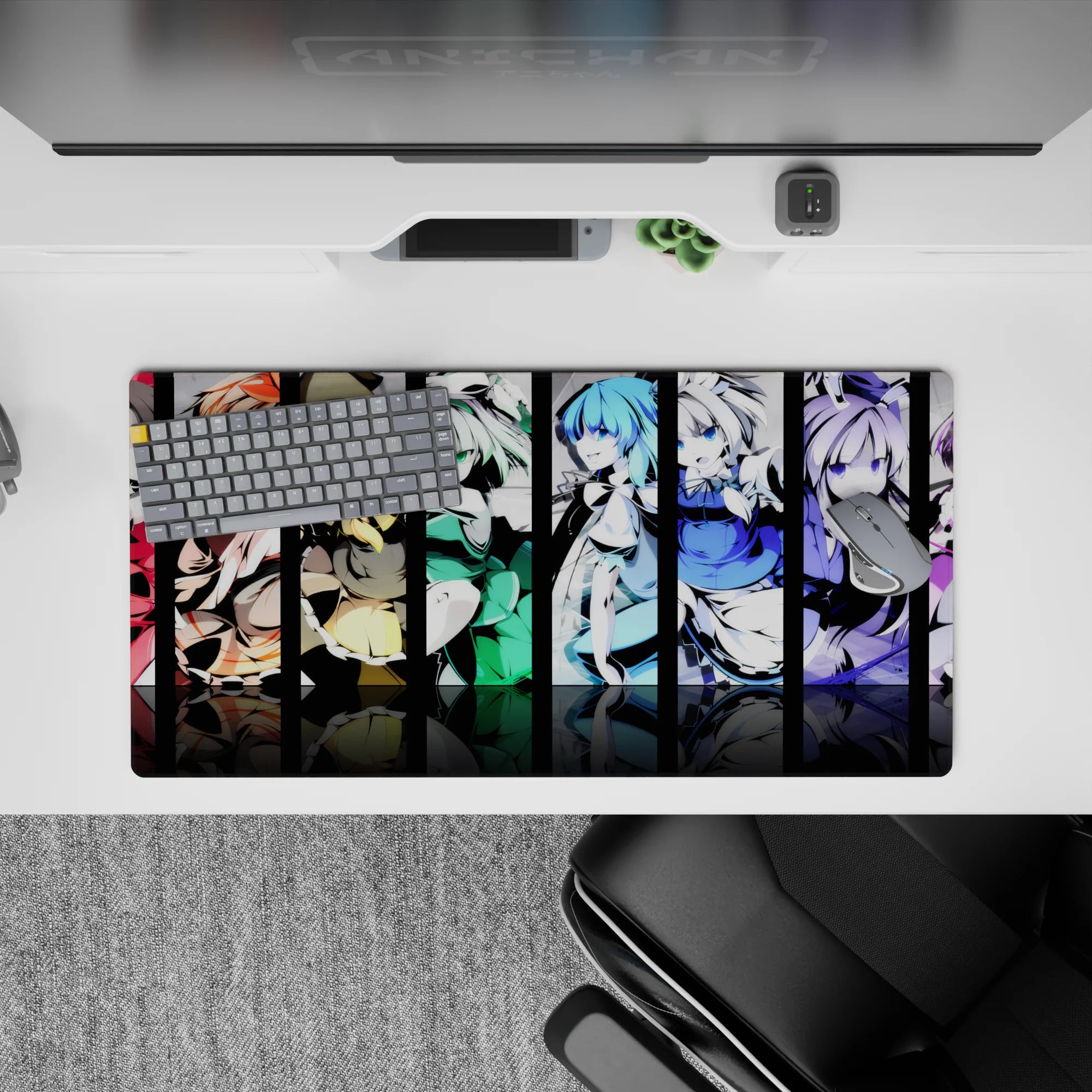 32x16 inches anime girl mouse pad in red, gold, mint, ocean blue, and violet with mischievous vibe.