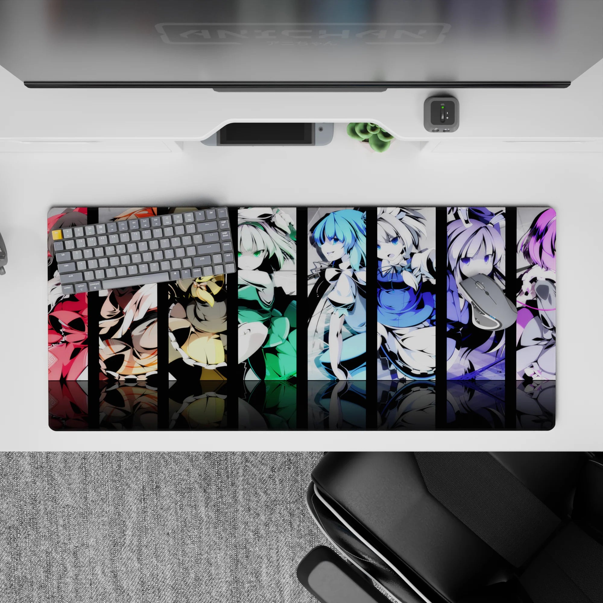 36x16 inches anime girl mouse pad in red, gold, mint, ocean blue, and violet with mischievous vibe.