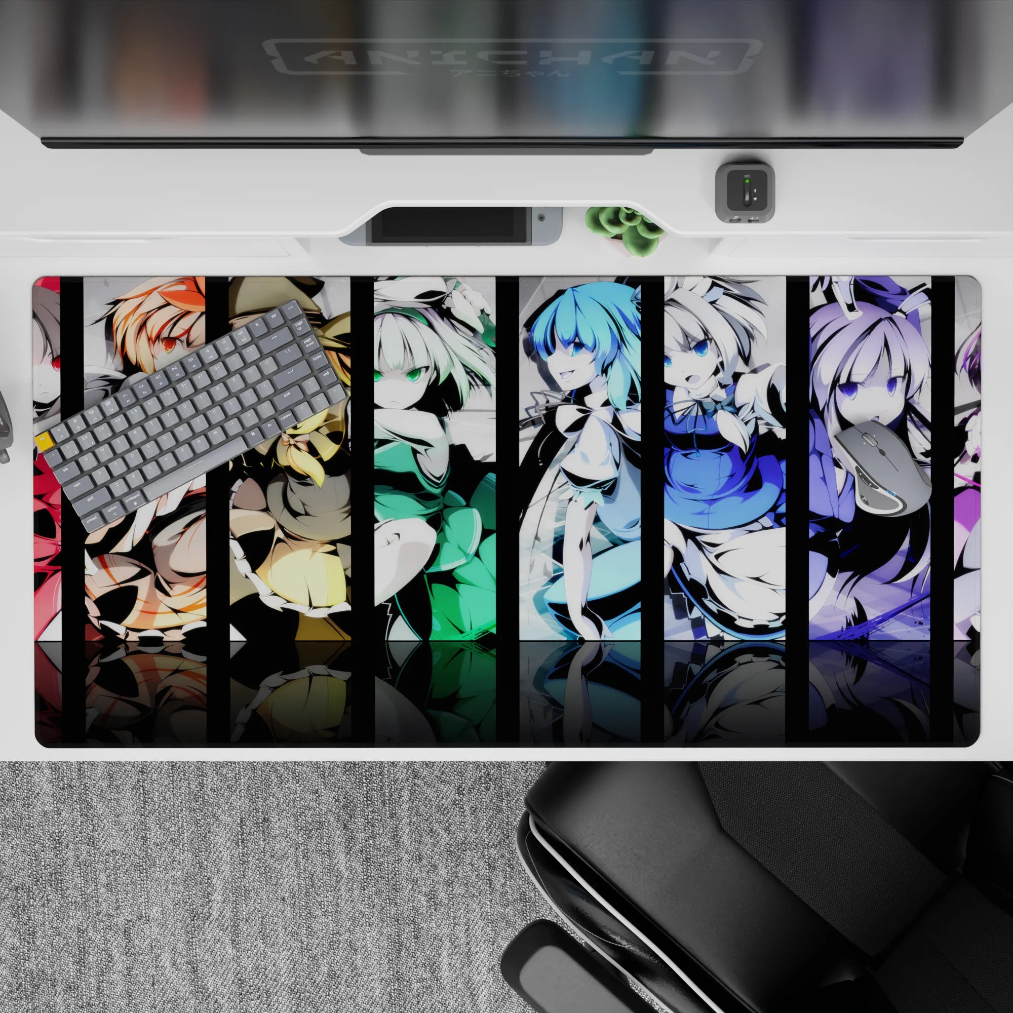 40x20 inches anime mouse pad in red, gold, mint, ocean blue, and violet with mischievous high-contrast vibe.