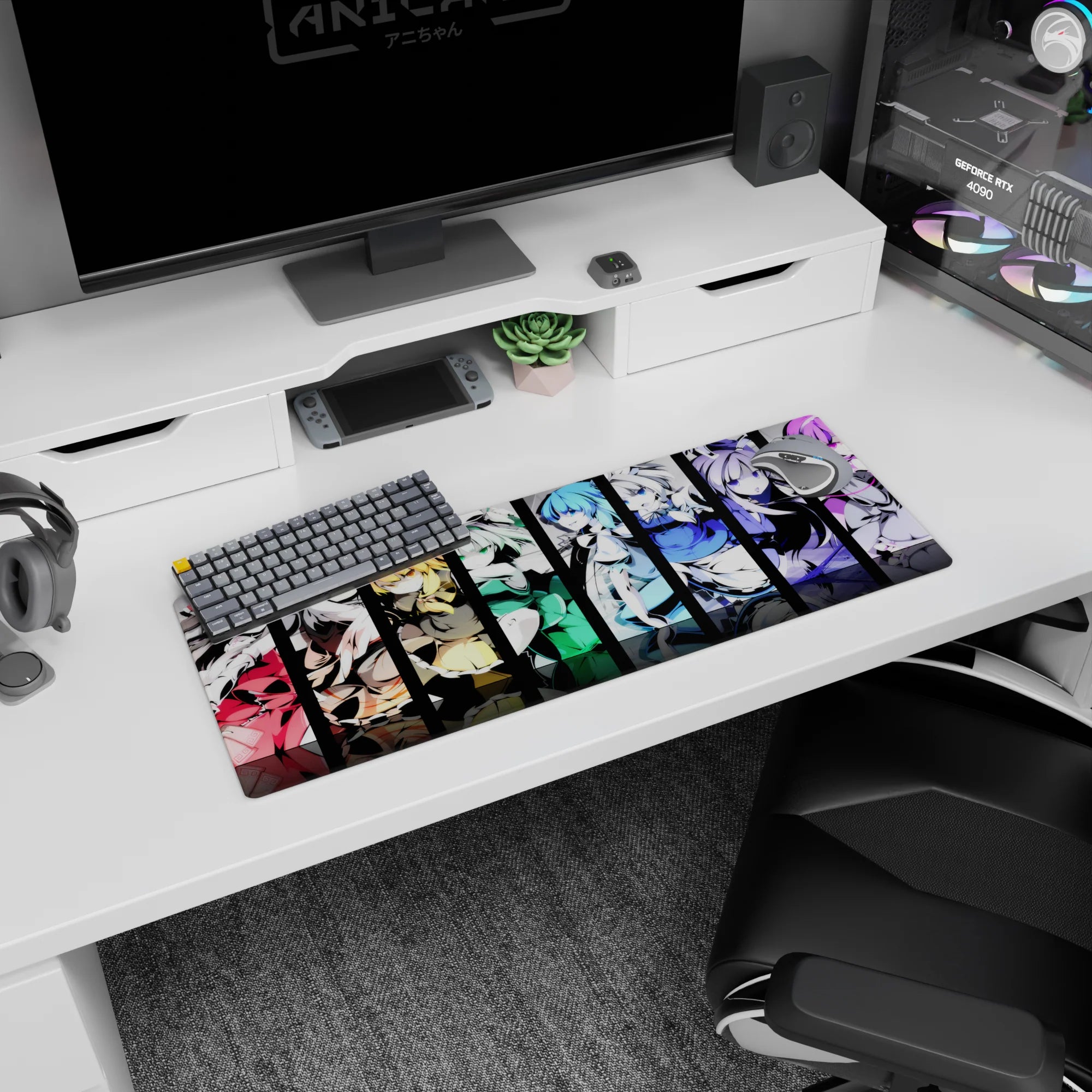 32x12 inches anime girl mouse pad featuring five sharp-posing girls with ribbons, frills, and glossy highlights.