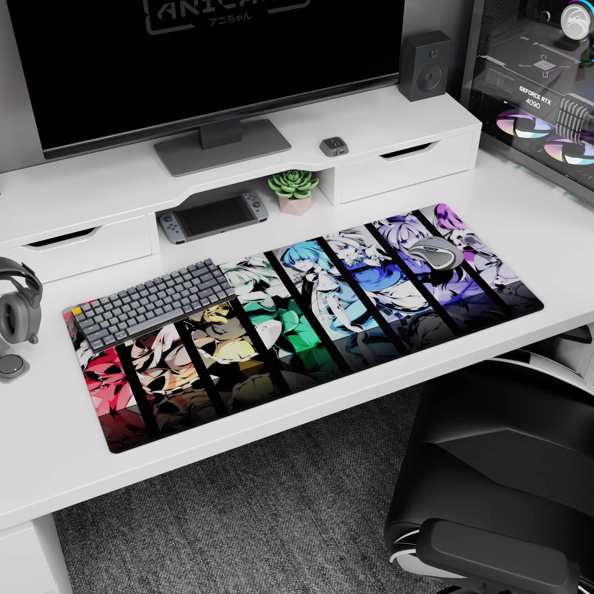 36x16 inches desk mat showing five anime girls posing in stacked panels, ribbons and frills, glossy highlights.