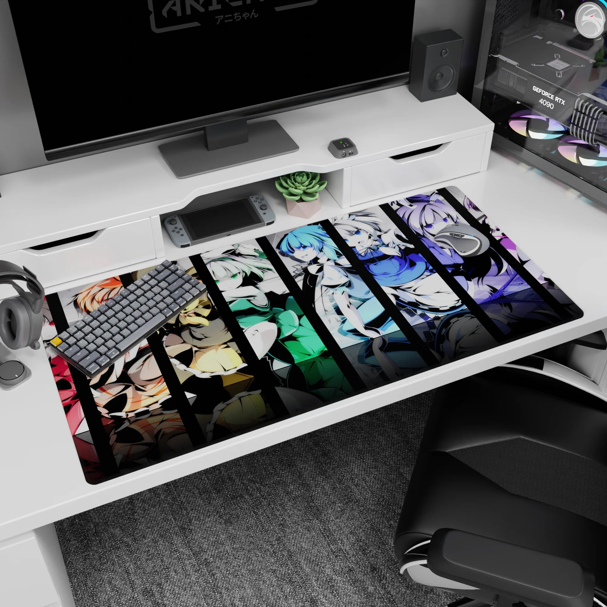 40x20 inches desk pad showing five anime girls in stacked panels, ribbons and frills, eyes lively and playful.