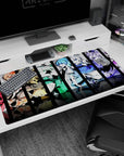 40x20 inches desk pad showing five anime girls in stacked panels, ribbons and frills, eyes lively and playful.