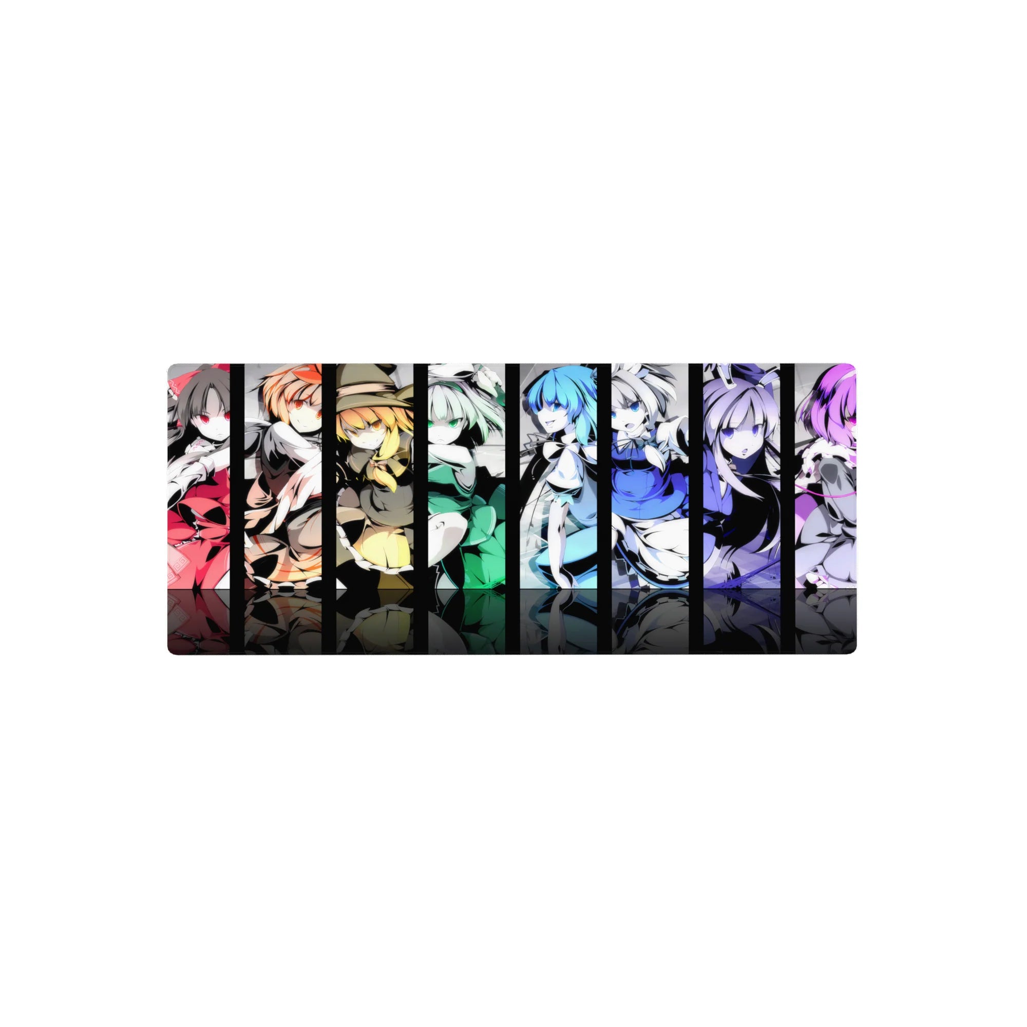 28x12 inches anime girl mouse pad with bold vertical poster panels, five stylish girls in sharp poses.