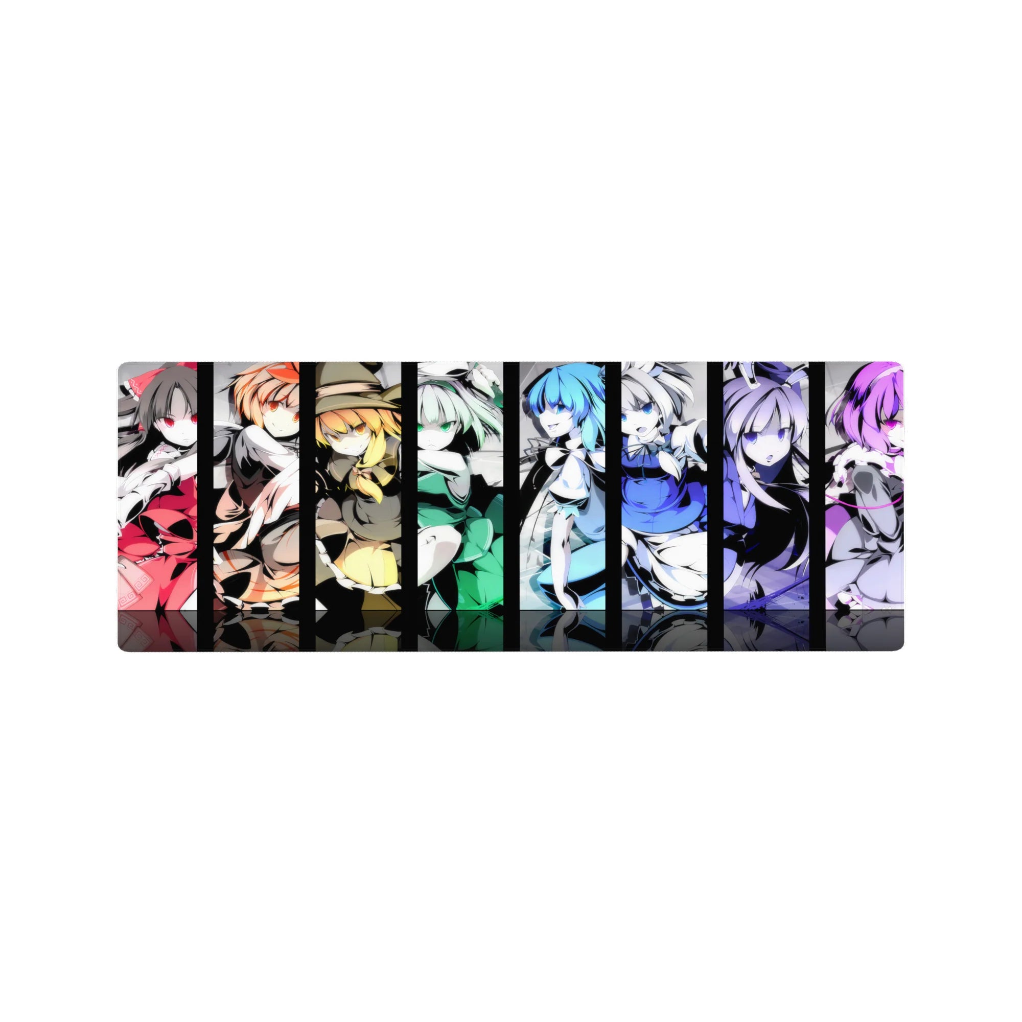32x12 inches anime girl mouse pad with bold vertical poster panels, five characters, crisp linework, smooth glide.