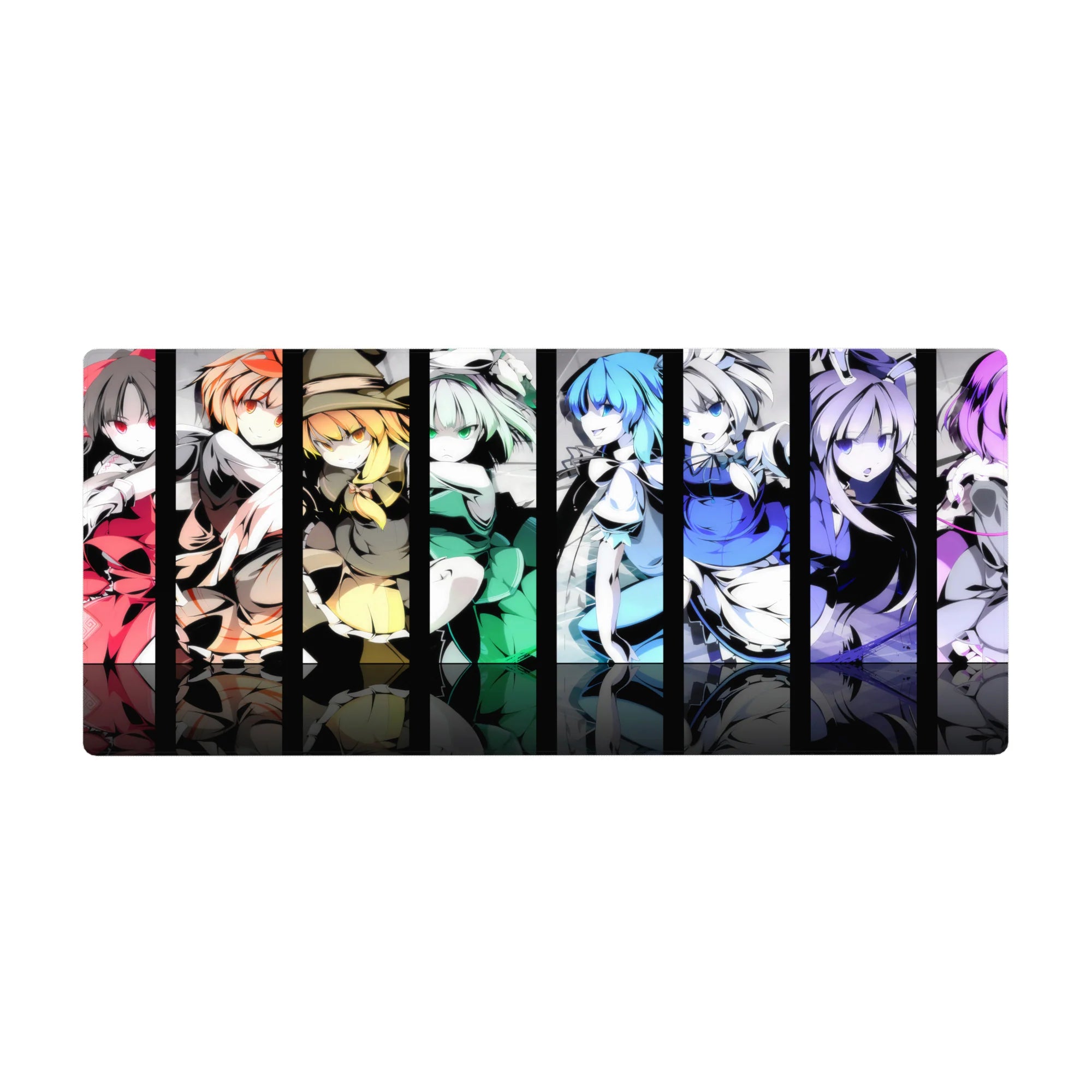 36x16 inches anime girl desk pad with bold vertical poster panels and crisp linework for smooth mouse glide.