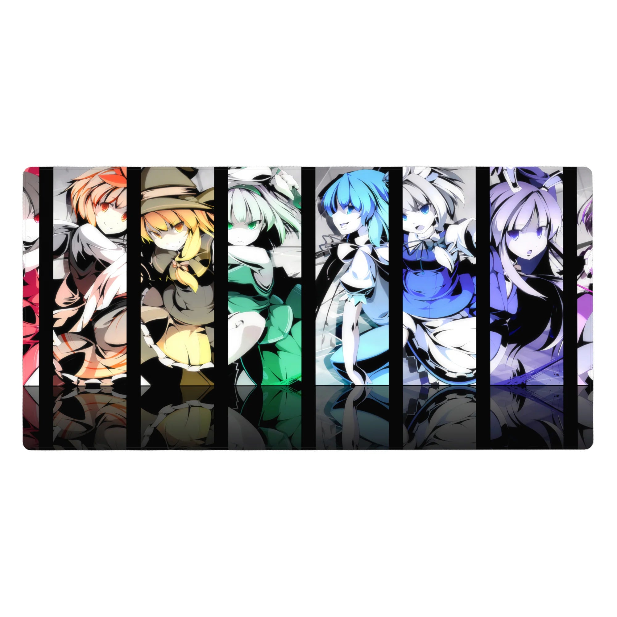 40x20 inches anime girl desk pad with bold vertical poster panels, sharp poses, clean linework, glossy pop.
