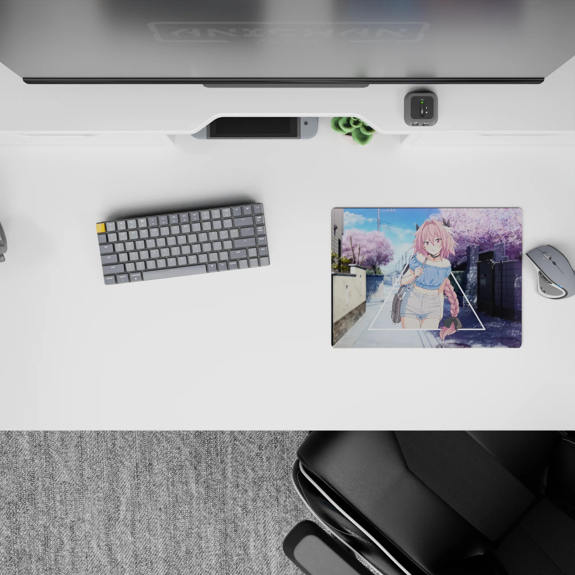 Pastel dreamy anime girl mouse pad 14x10 inches in soft pink, sky blue, and lavender spring vibes.