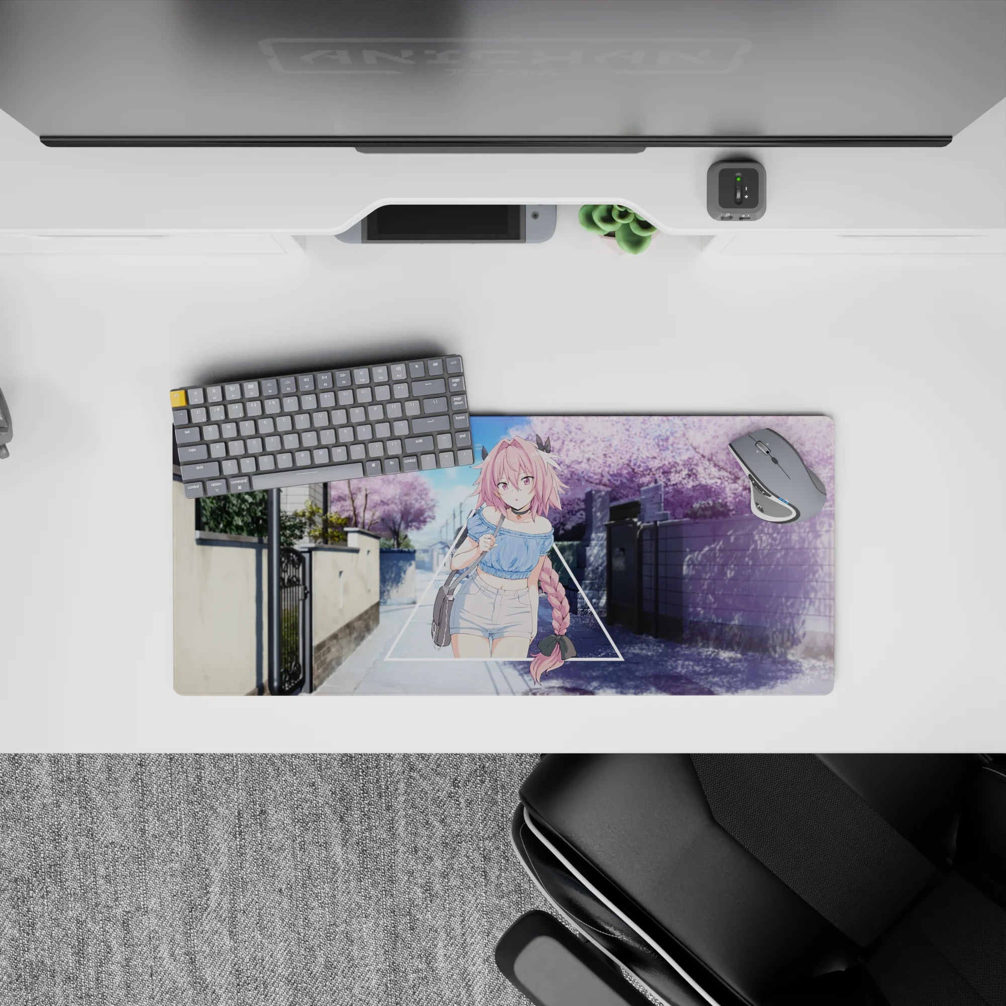 28x12 inches pastel anime mouse pad in sky blue and lavender, dreamy spring crush vibe with sakura.