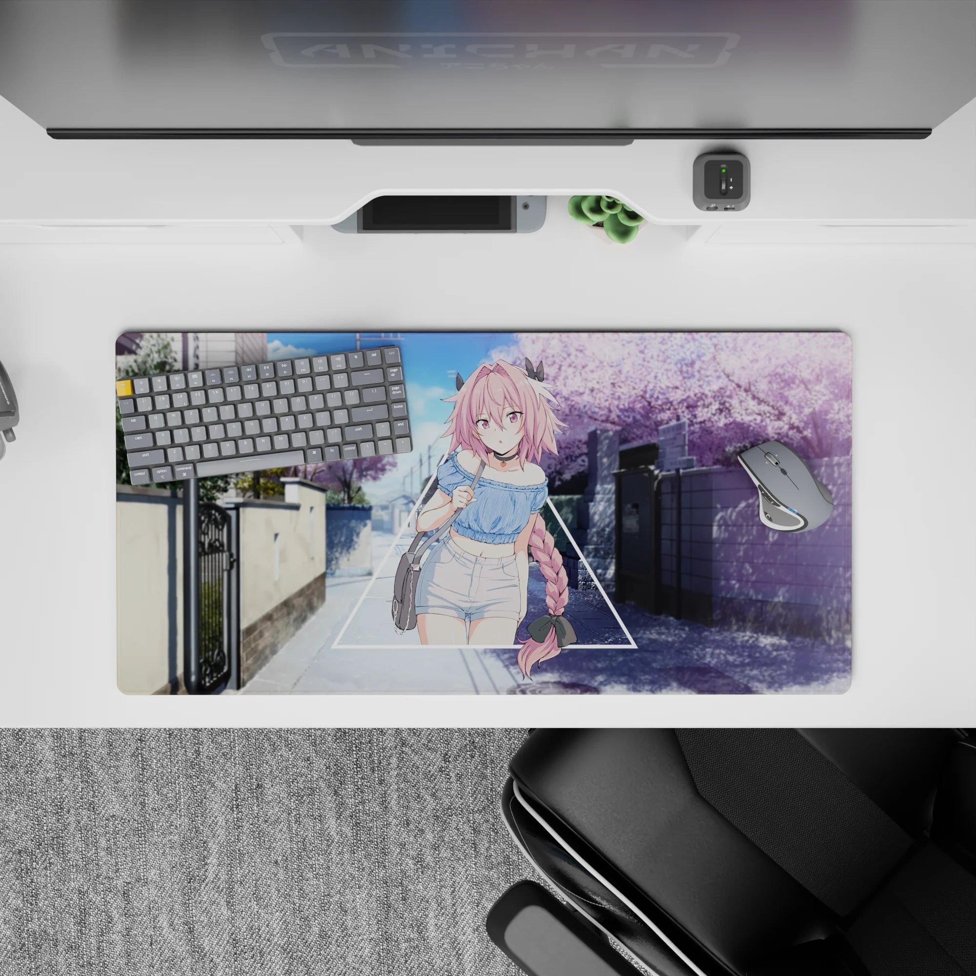 32x16 inches pastel anime mouse pad in sky blue and lavender with dreamy springtime crush vibes.