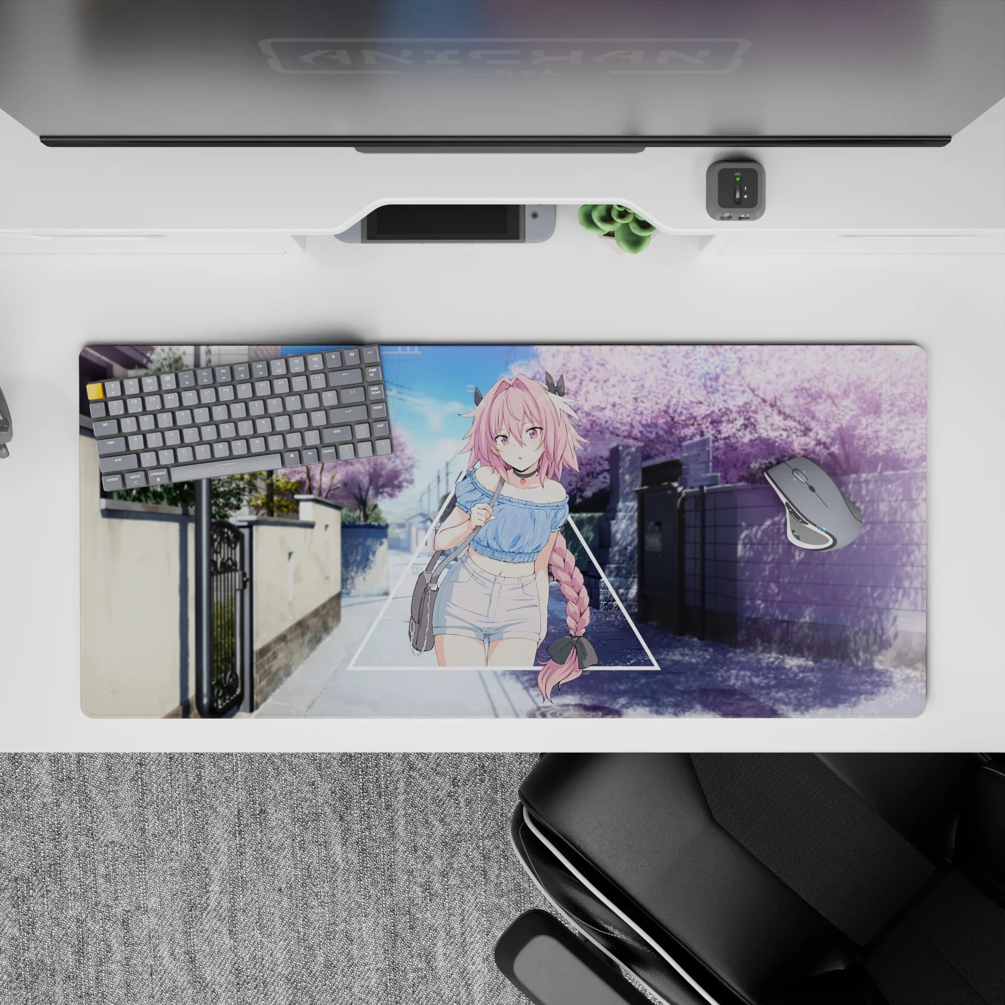 36x16 inches pastel anime desk pad in soft pink, sky blue, and lavender for a dreamy spring crush mood.