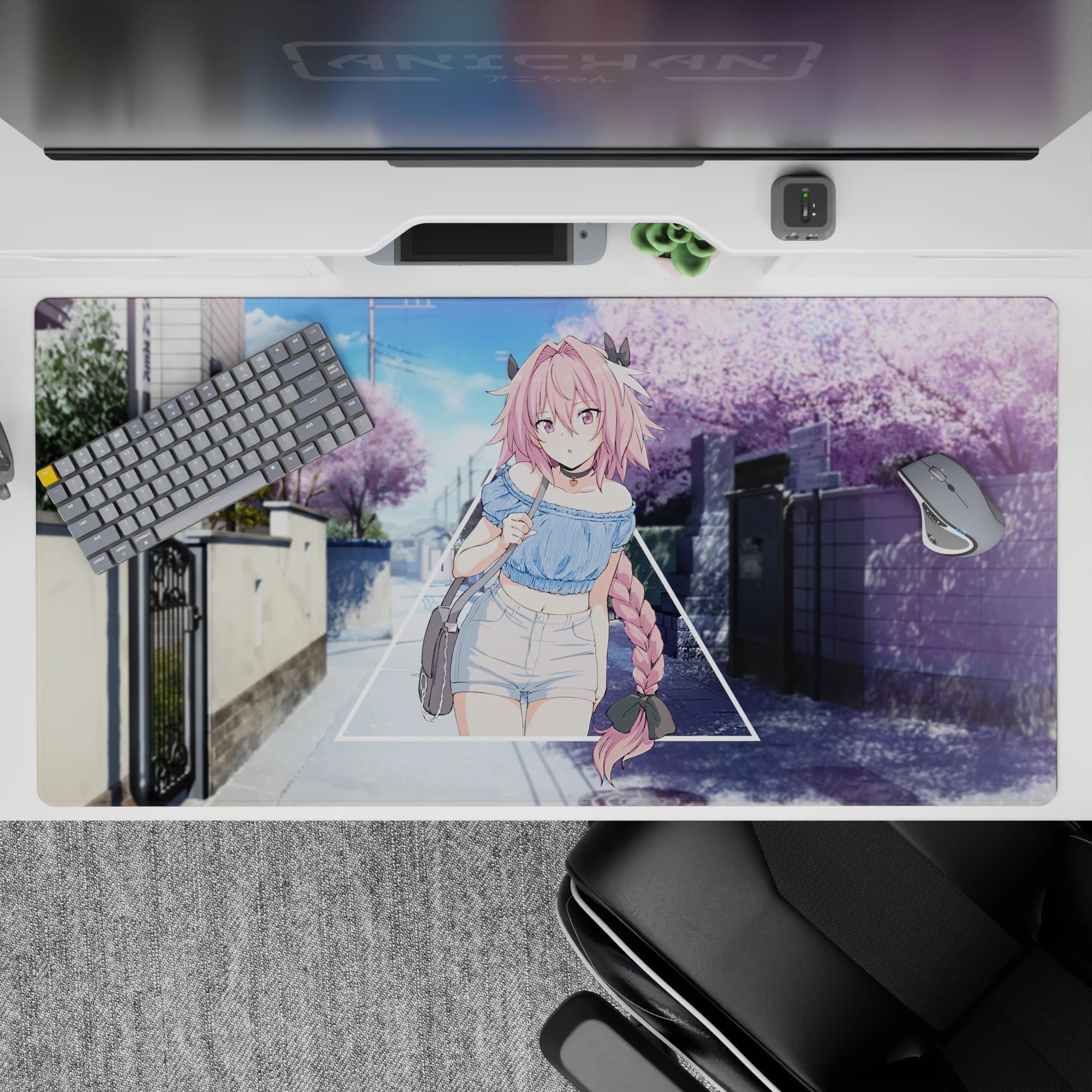 Pastel pink, sky blue, and lavender anime desk pad 40x20 inches with dreamy springtime crush mood.
