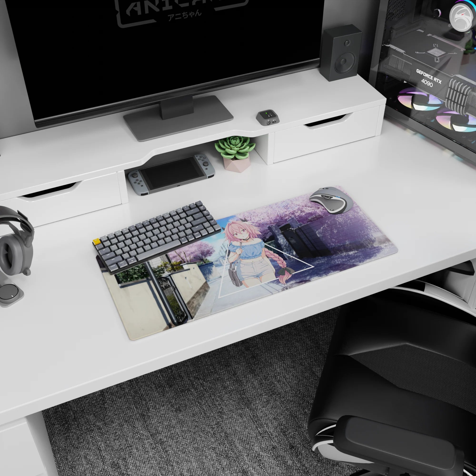 28x12 inches anime desk mouse pad showing shy pink-haired girl with long braid on a quiet cherry blossom street.