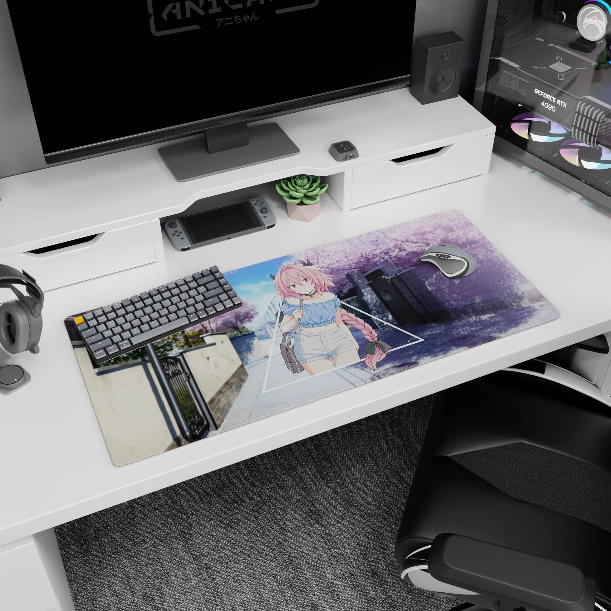36x16 inches desk pad showing a shy pink-haired anime girl with long braid on a quiet cherry blossom street.