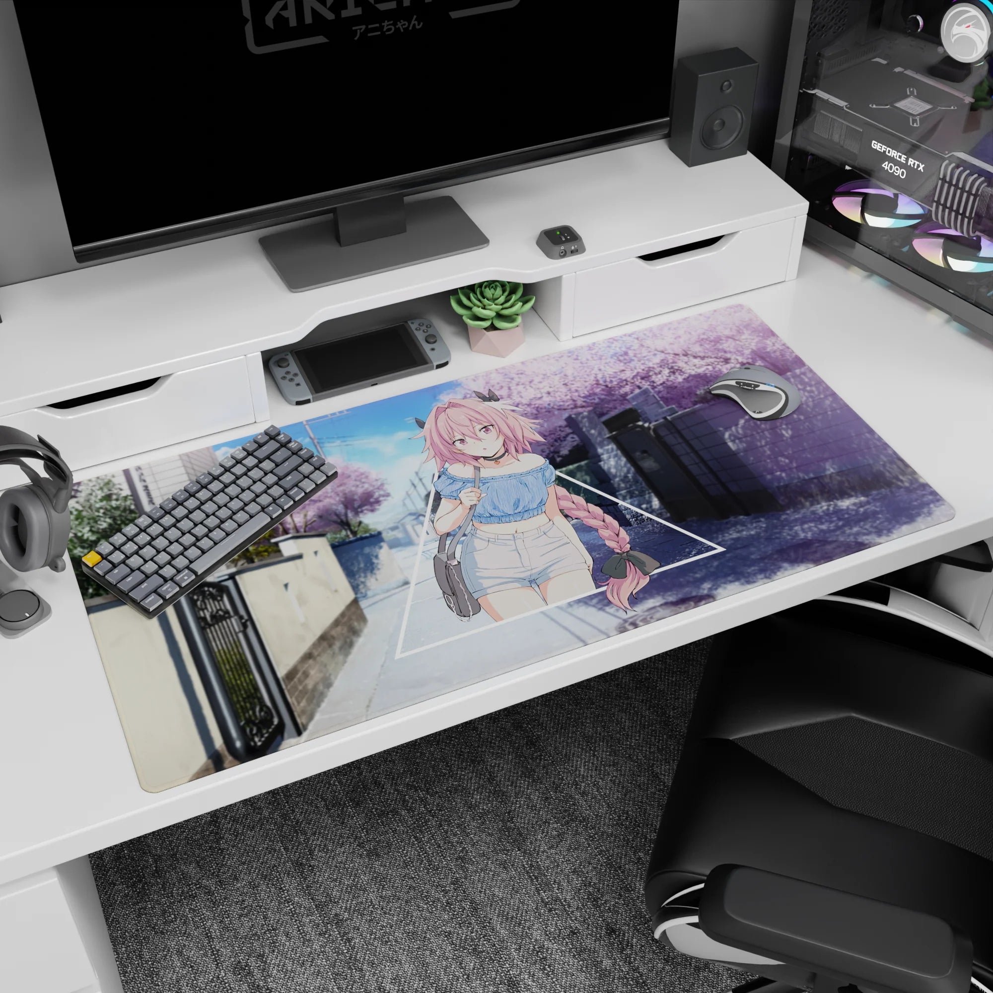 Shy pink-haired anime girl with long braid on quiet cherry blossom street desk pad 40x20 inches.