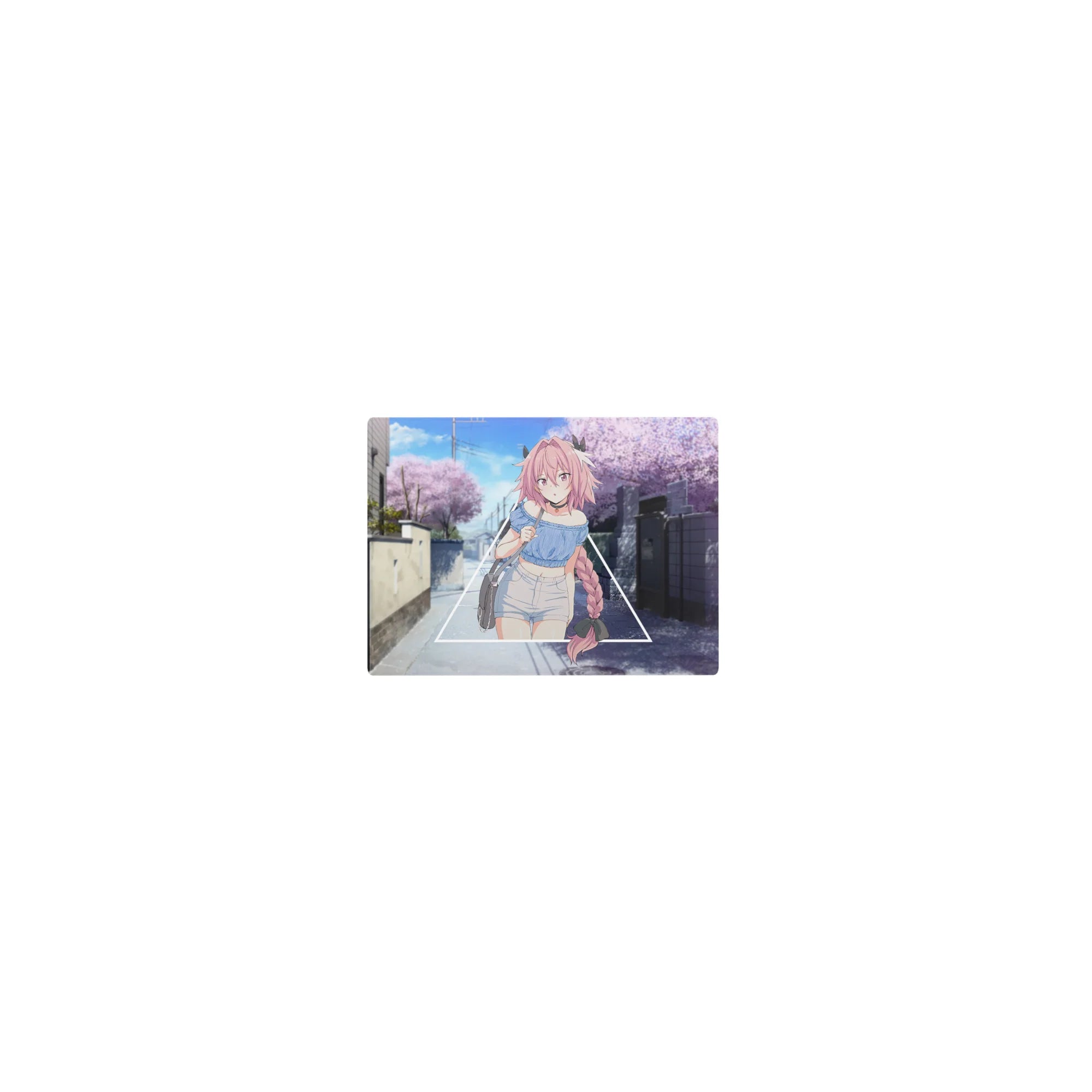 Classic anime girl mouse pad 14x10 inches with pink-braided girl in triangle frame and sakura street.