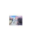 Classic anime girl mouse pad 14x10 inches with pink-braided girl in triangle frame and sakura street.