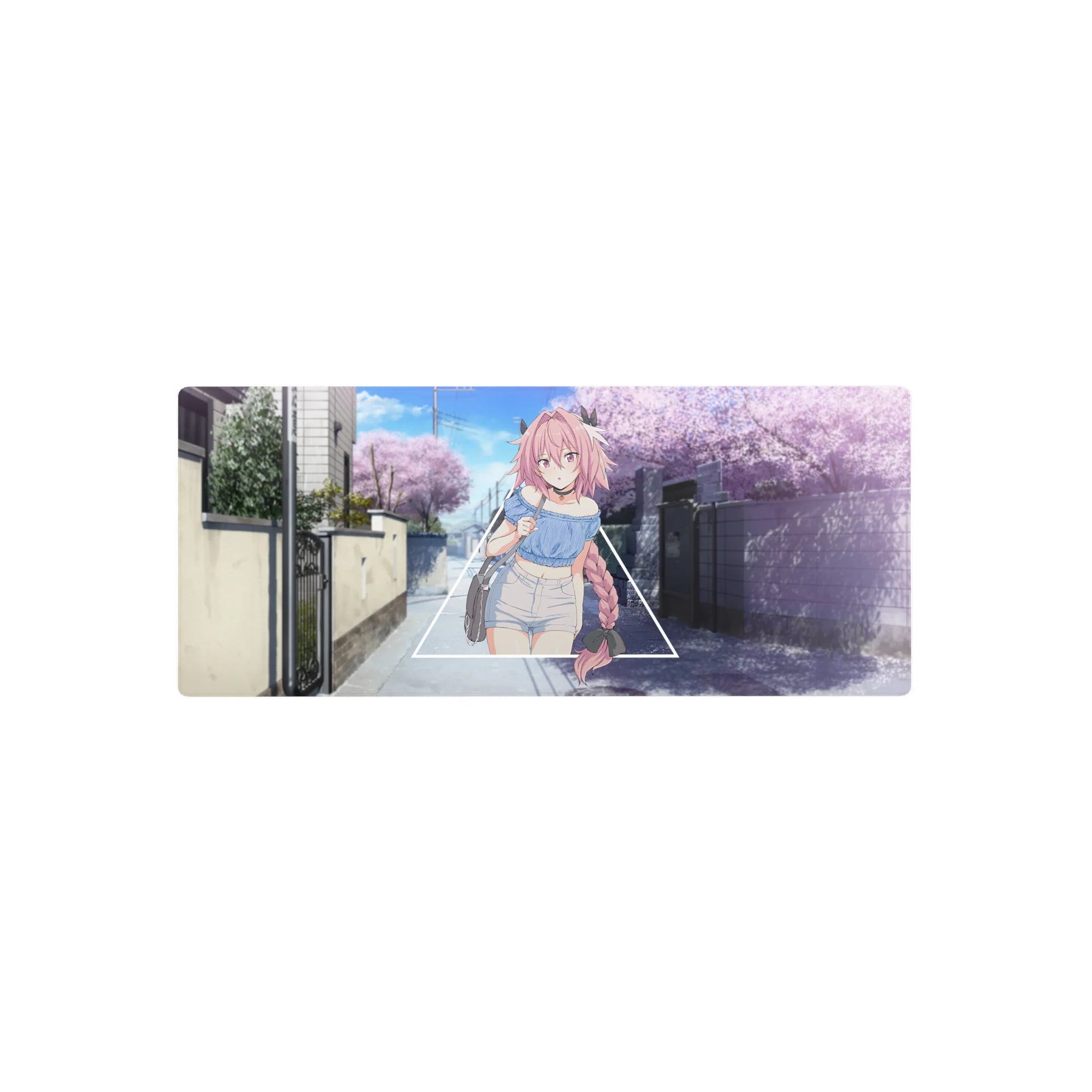 28x12 inches anime girl mouse pad with pink-braided girl in triangle frame, sakura street backdrop.