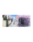 28x12 inches anime girl mouse pad with pink-braided girl in triangle frame, sakura street backdrop.
