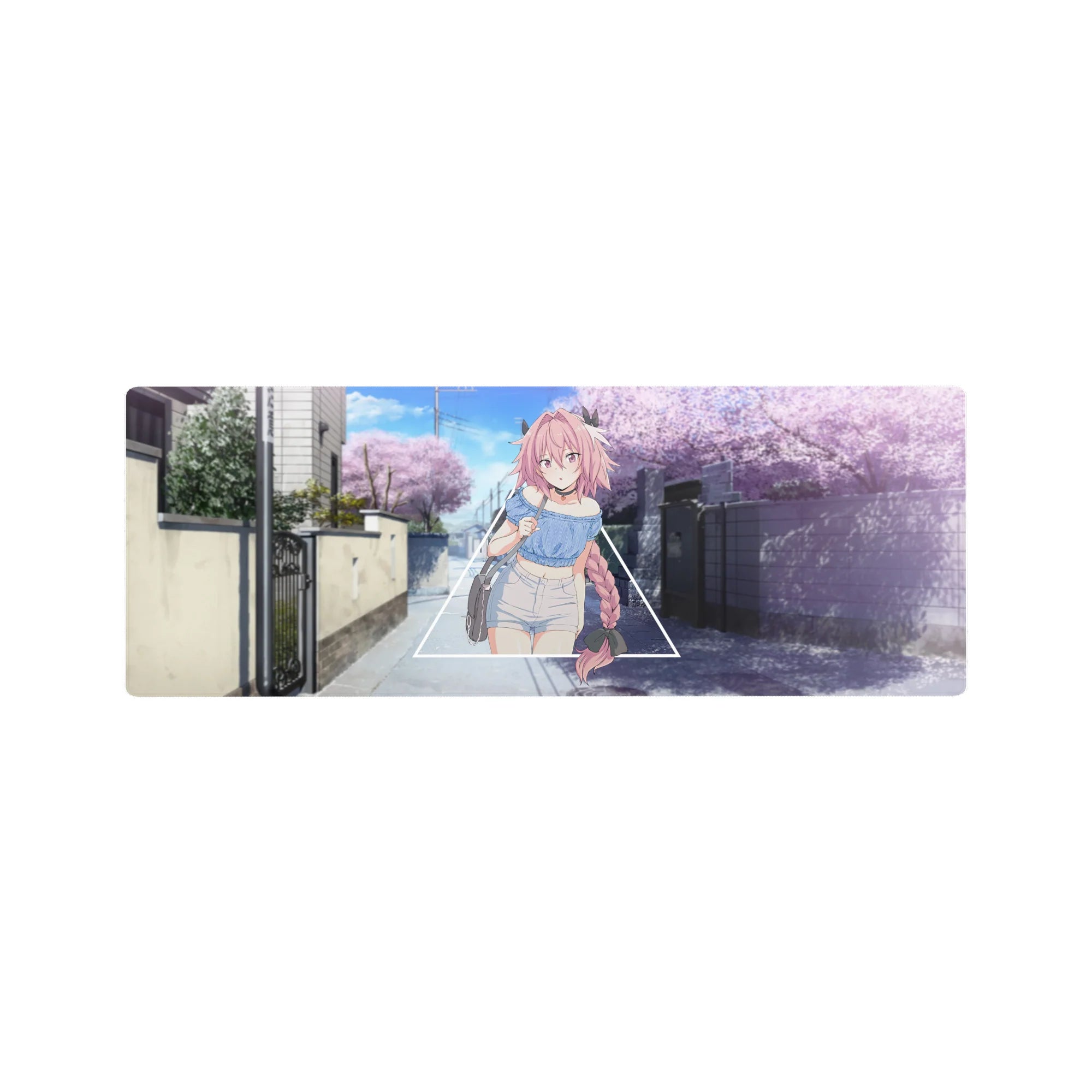 32x12 inches anime girl mouse pad with pink braid, triangle frame, and sakura street background.