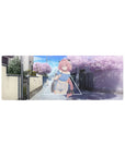 32x12 inches anime girl mouse pad with pink braid, triangle frame, and sakura street background.