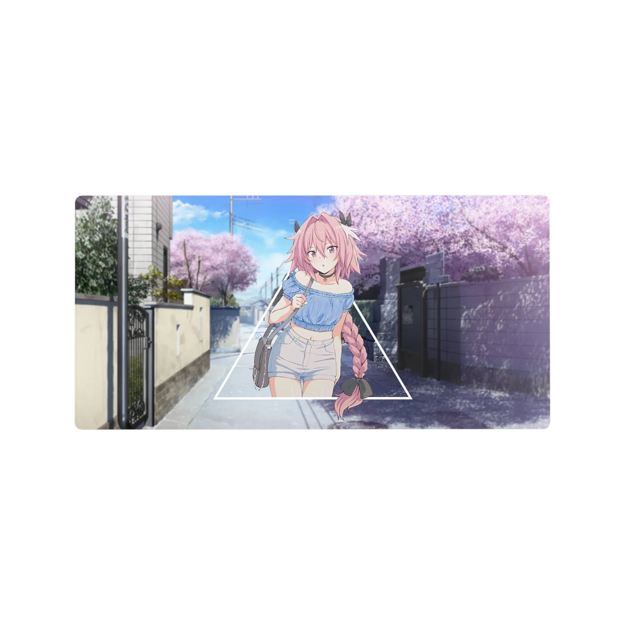 32x16 inches anime girl mouse pad with pink braided hair, triangle frame, and sakura street scene.