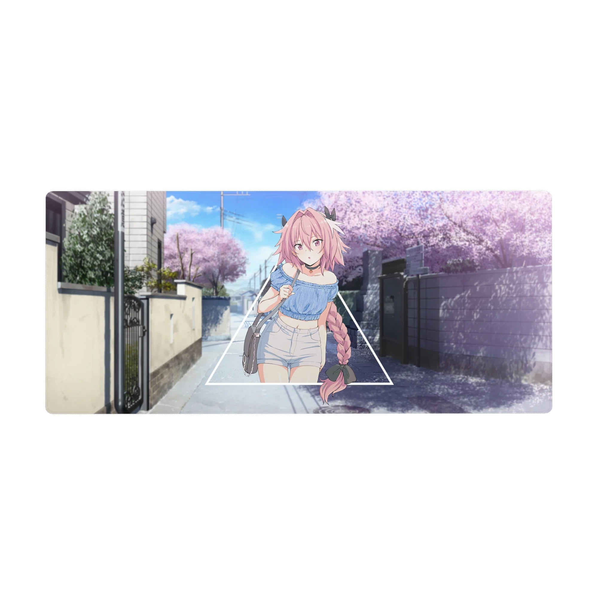 36x16 inches anime girl desk pad with pink braided hair, triangle frame, and sakura street background.