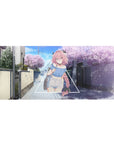36x16 inches anime girl desk pad with pink braided hair, triangle frame, and sakura street background.
