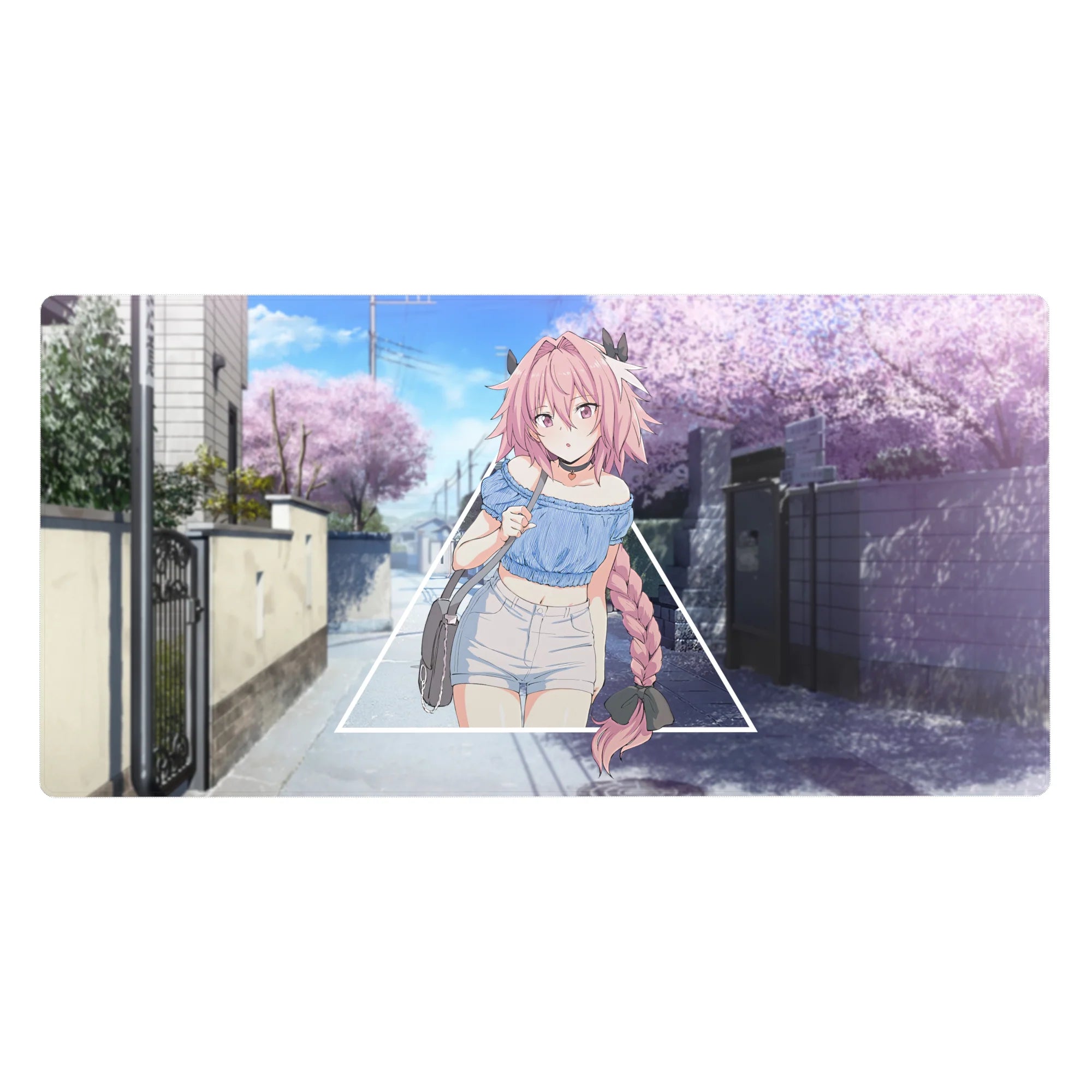 Anime girl desk pad 40x20 inches with pink braided hair, triangle frame, and sakura street scene.